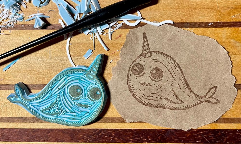 Zombie narwhal hand carved rubber stamp