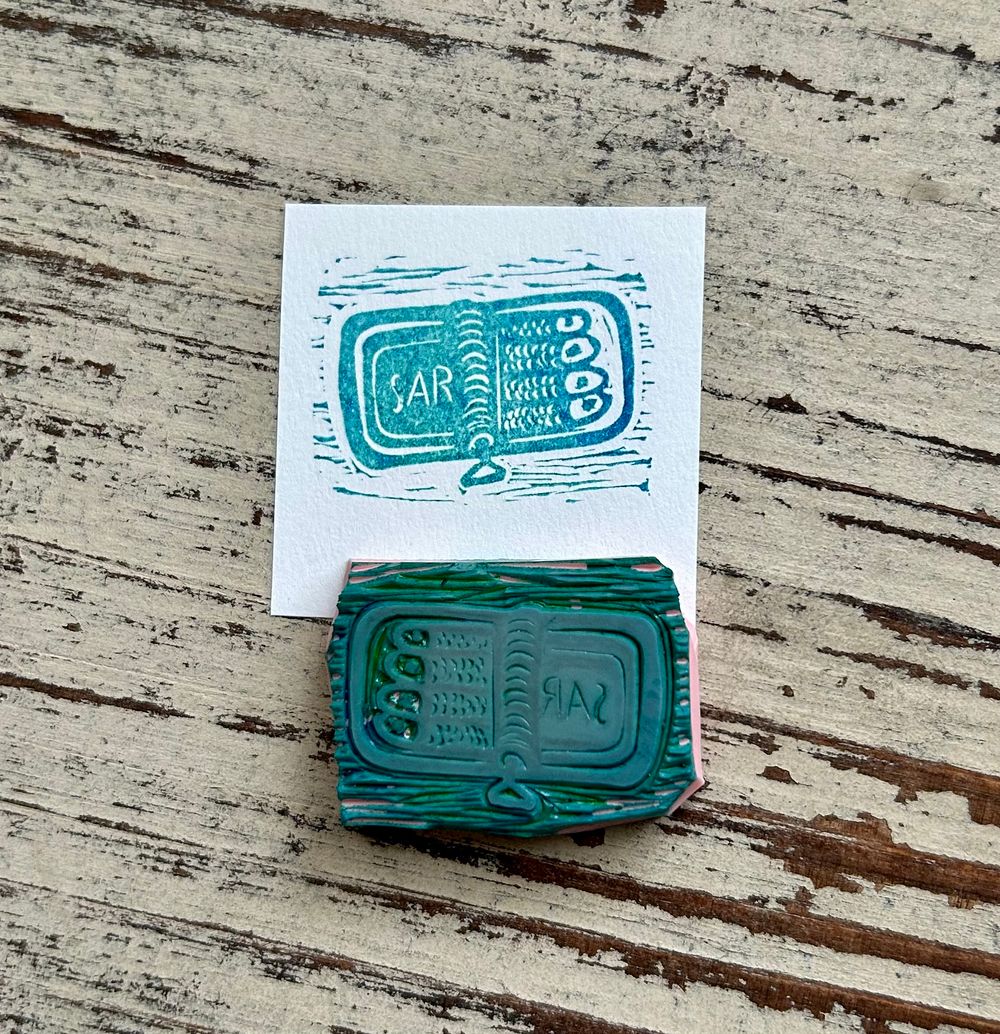Teeny Can of Sardines hand carved rubber stamp