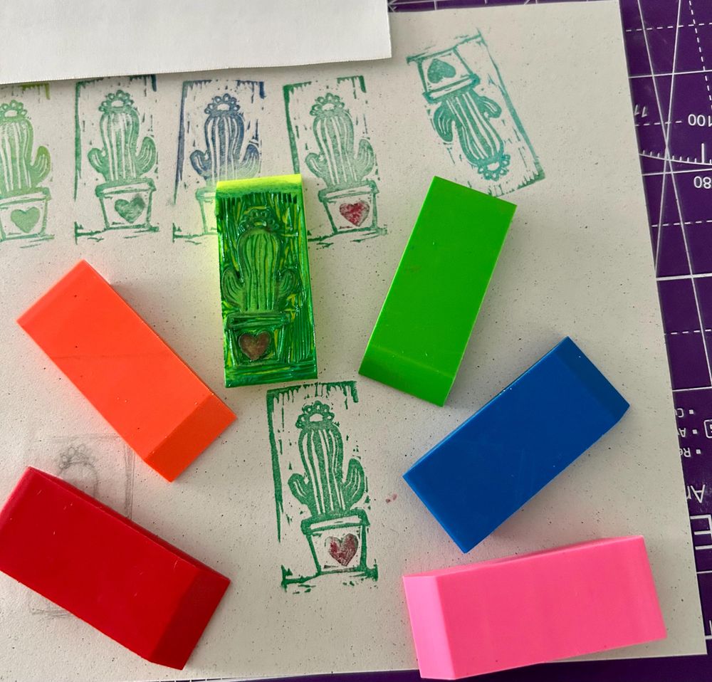 little potted cactus hand carved eraser rubber stamp