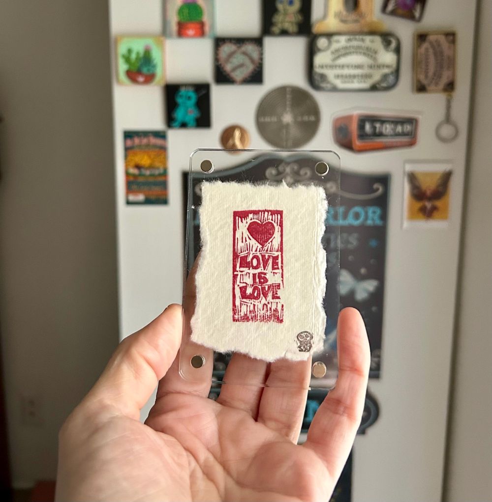 Love Is Love hand pulled mini lino print in acrylic magnet f...