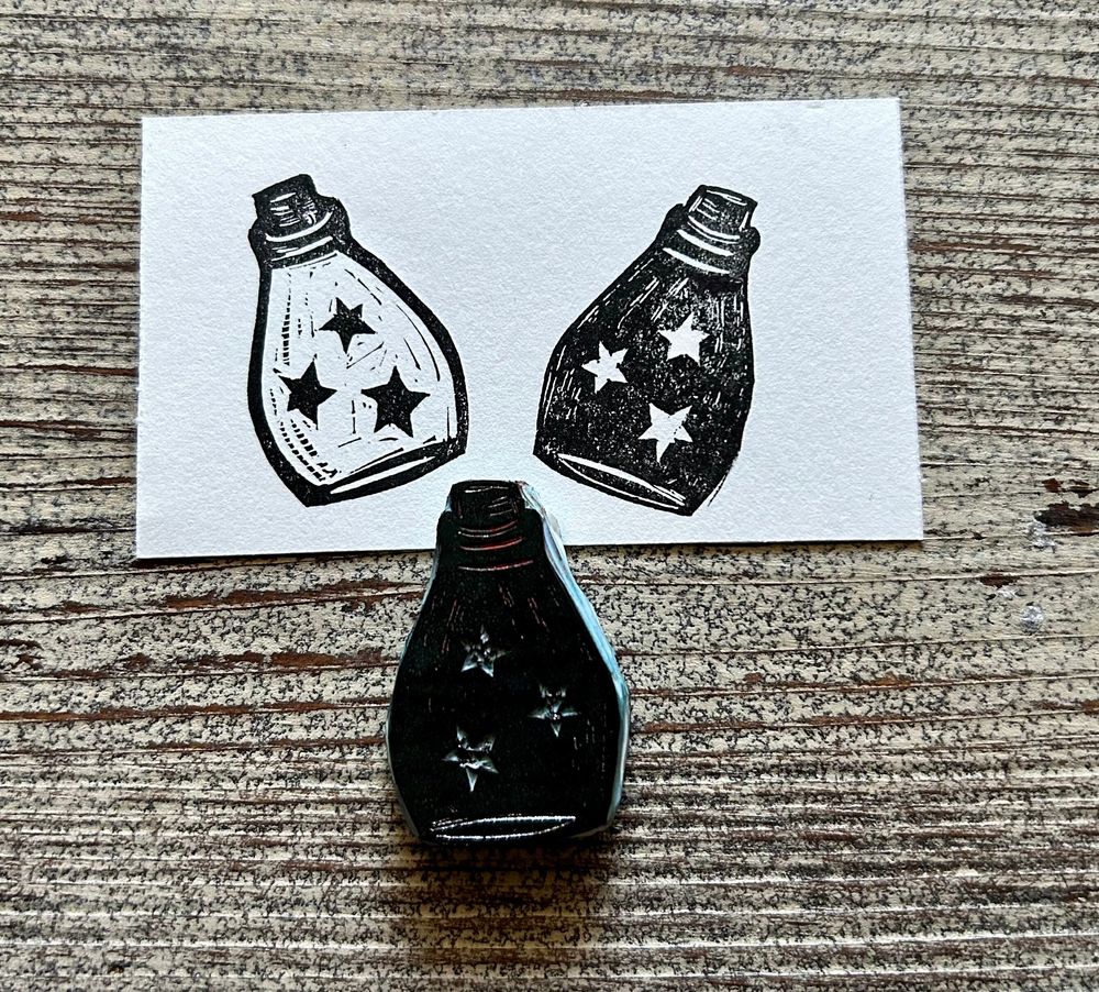 reversible two sided spell jar hand carved rubber stamp