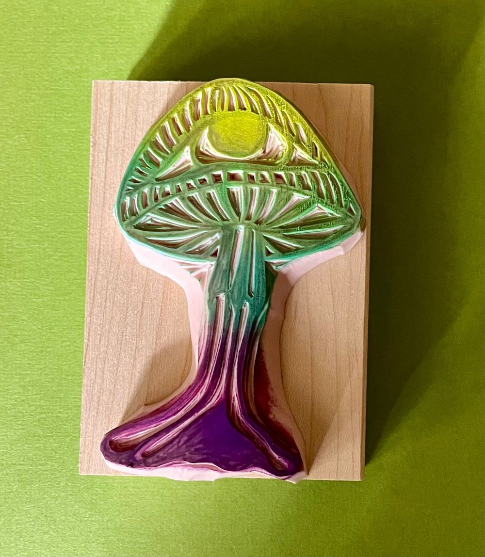 Golden teacher psychedelic mushroom hand carved rubber stamp